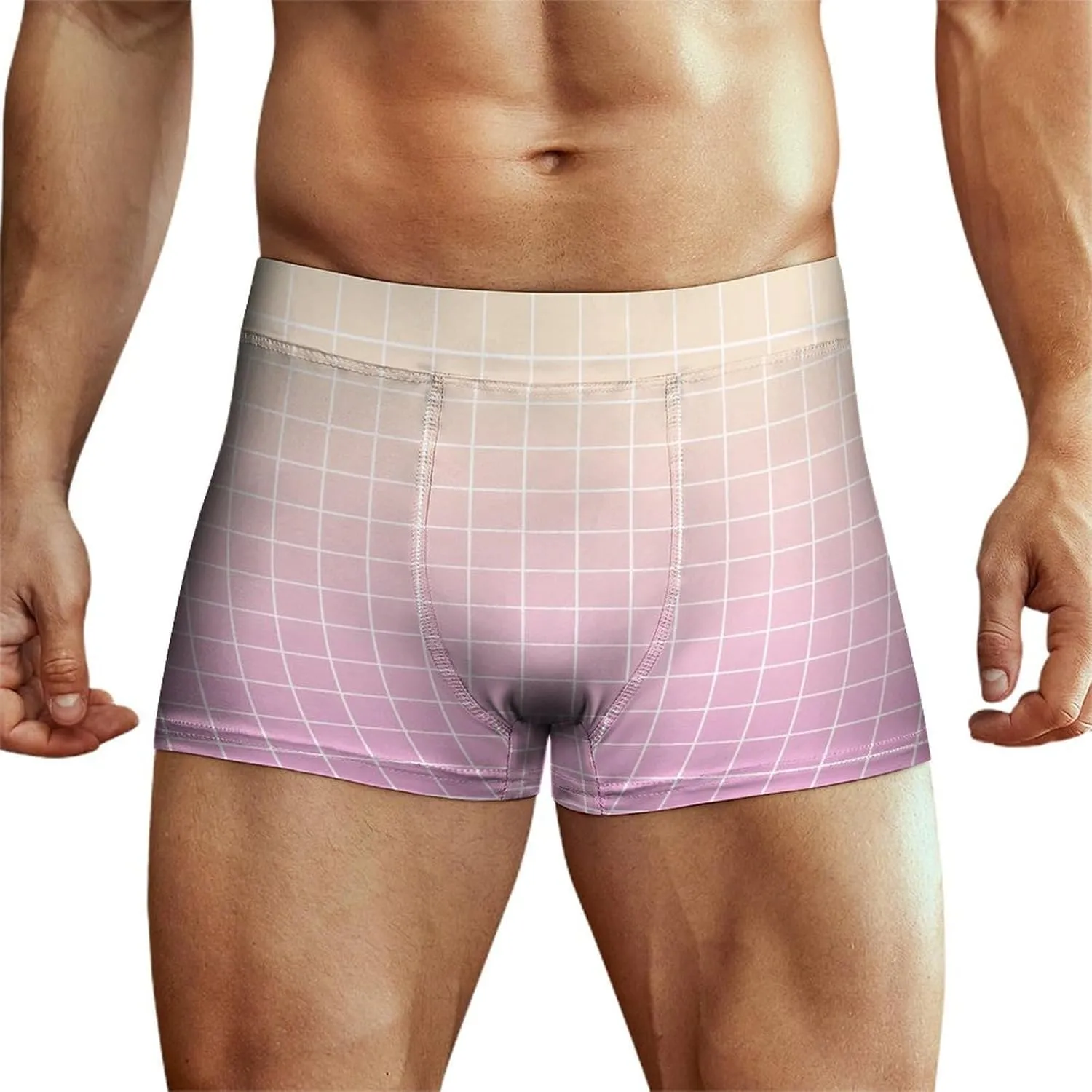 Pink Ombre Grid Print Mens Underwear, Soft Boxers for Men, Moisture-Wicking Breathable Boxer Briefs