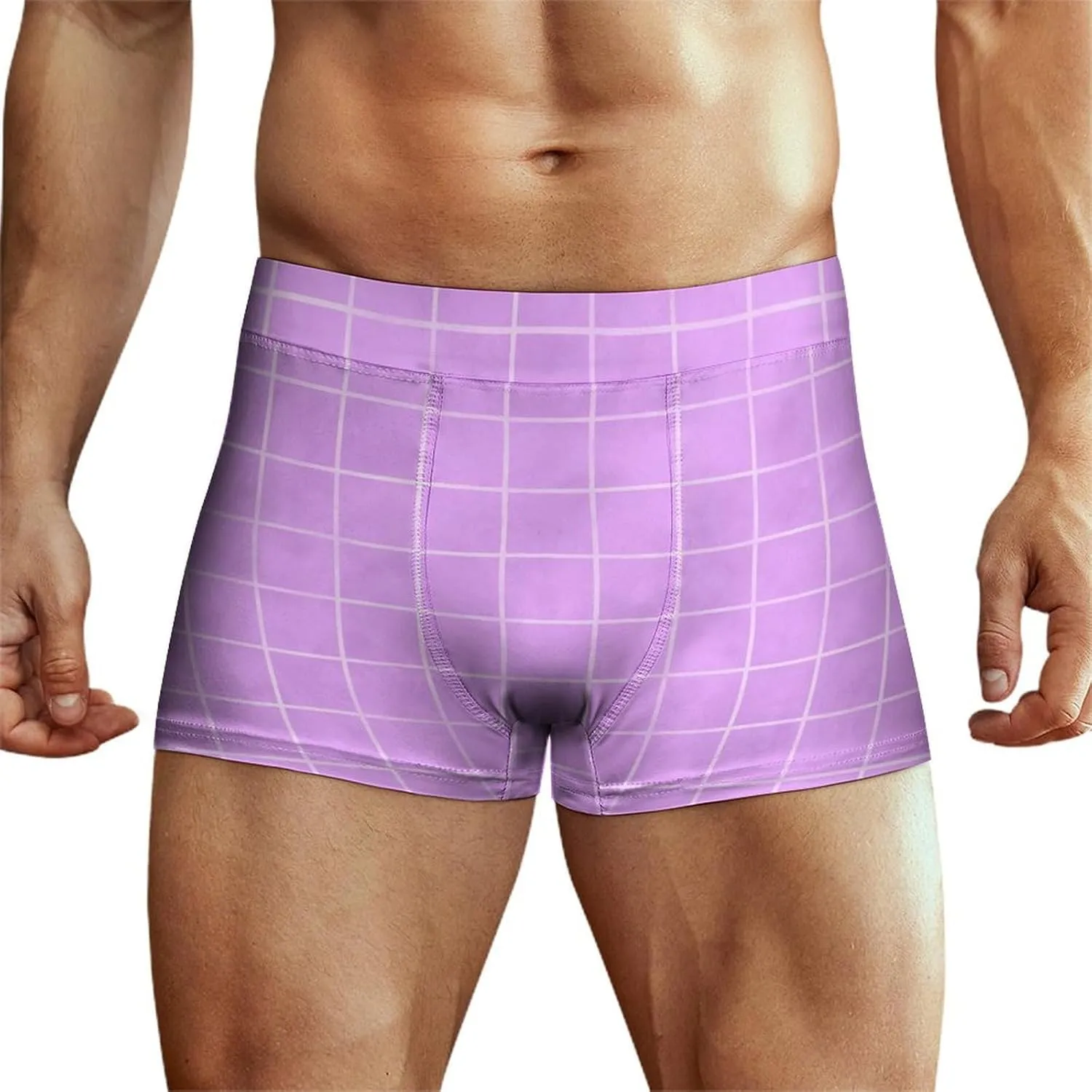 Purple Hand Drawn Grid Print Mens Underwear, Soft Boxers for Men, Moisture-Wicking Breathable Boxer Briefs