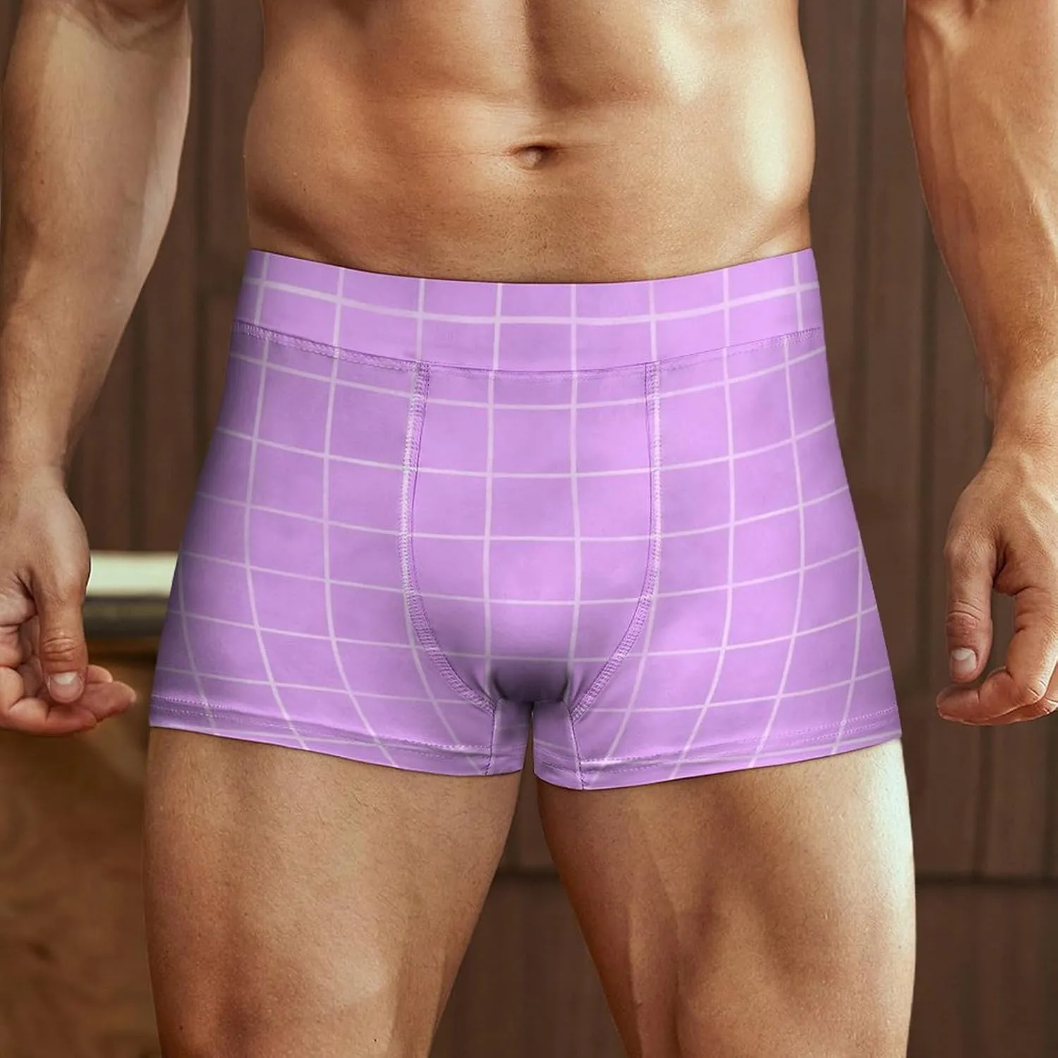 Purple Hand Drawn Grid Print Mens Underwear, Soft Boxers for Men, Moisture-Wicking Breathable Boxer Briefs