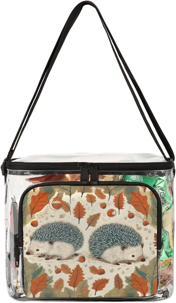 QsirBC Autumn Hedgehog Deciduous Hazelnut Clear Lunch Bag Transparent PVC Food Bag with Adjustable Shoulder Strap Through Tote for Work Concerts Sporting Events Freezer Storage