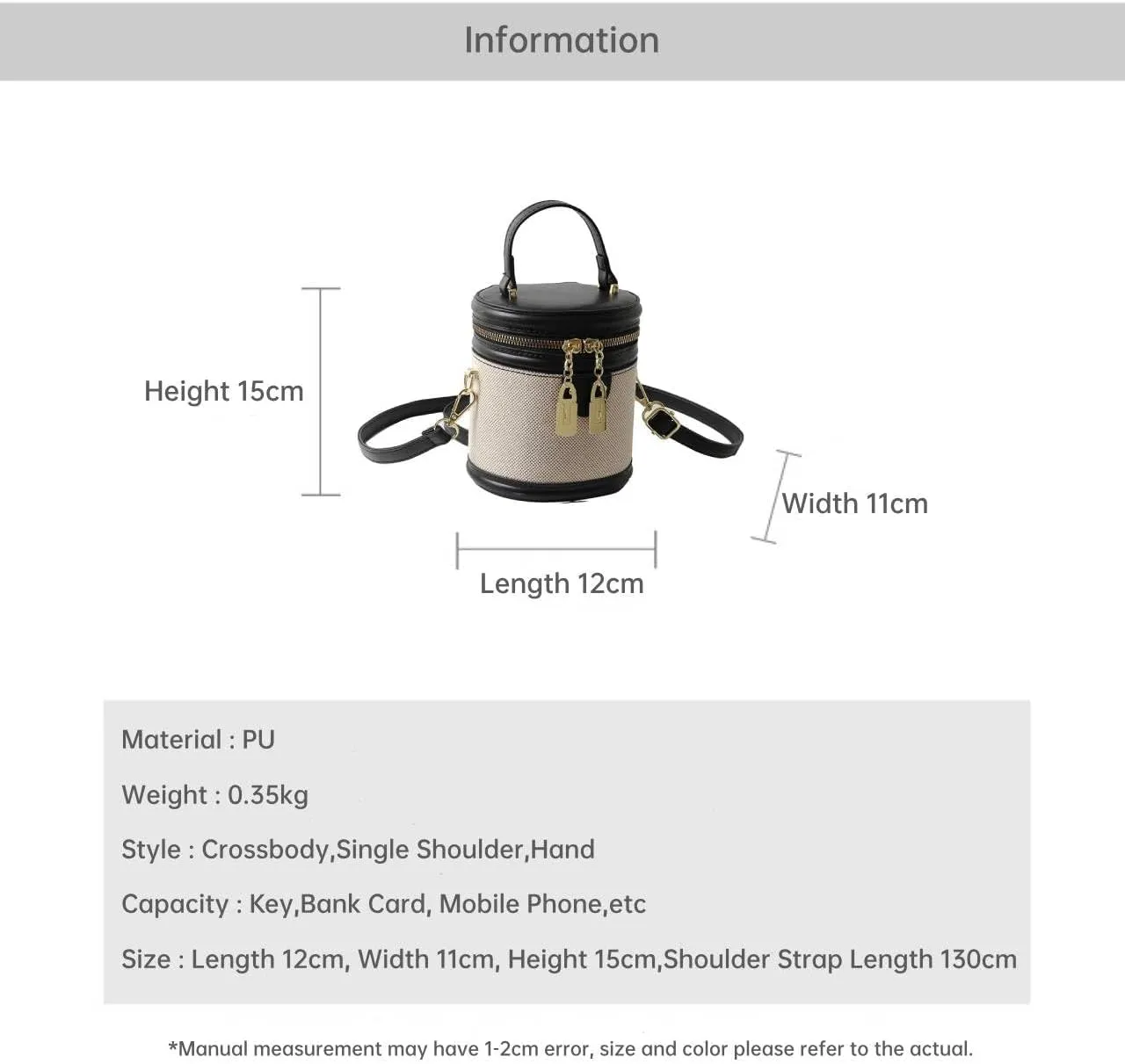 Retro Bucket Bag Color Contrast Cylinder Purse Senior Sense Style Single Shoulder Crossbody Handbag with Zipper