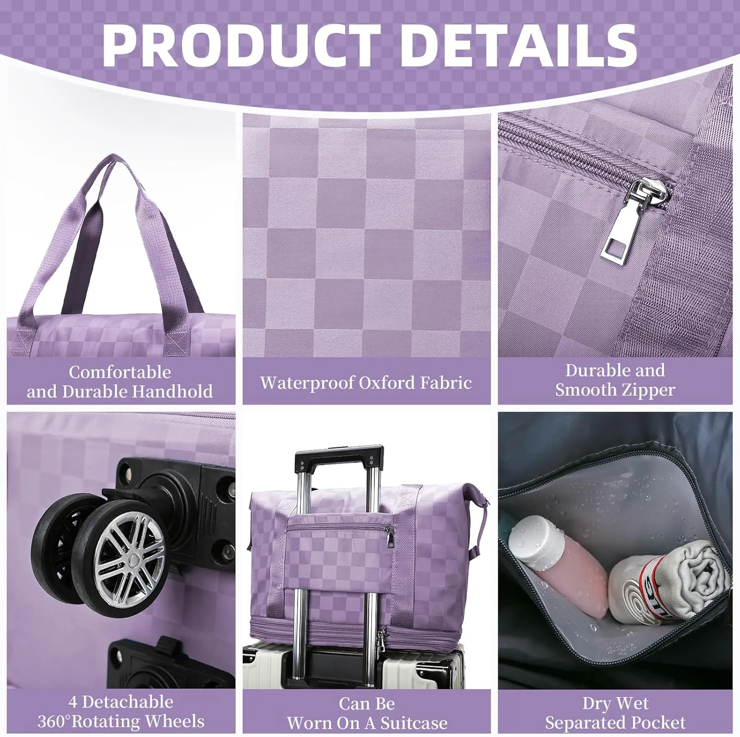 Rolling Duffle Bag with Wheels and Shoe Bag Expandable Foldable Travel Duffel Bag Carry on Luggage Bag Checkerboard Weekender Bag for Men Women