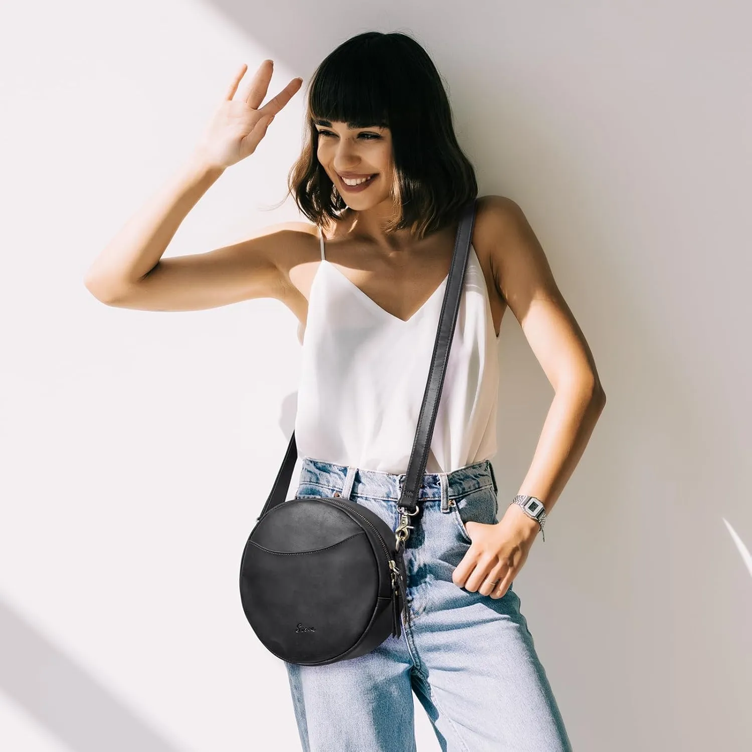 S-ZONE Leather Crossbody Bags for Women Trendy Circle Cross Body Shoulder Bag Designer Round Purses