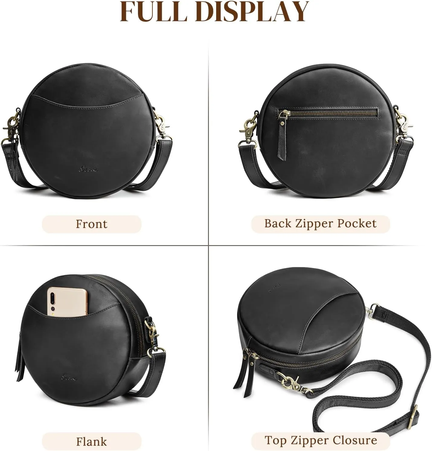 S-ZONE Leather Crossbody Bags for Women Trendy Circle Cross Body Shoulder Bag Designer Round Purses