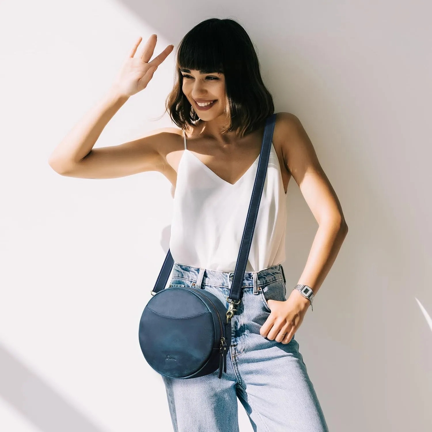 S-ZONE Leather Crossbody Bags for Women Trendy Circle Cross Body Shoulder Bag Designer Round Purses
