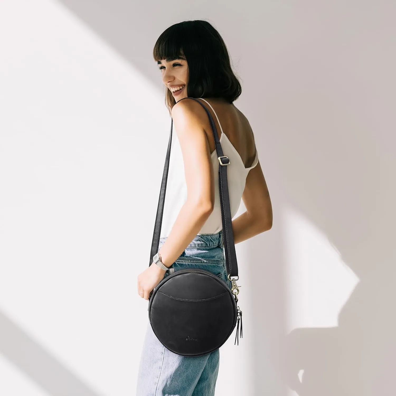 S-ZONE Leather Crossbody Bags for Women Trendy Circle Cross Body Shoulder Bag Designer Round Purses