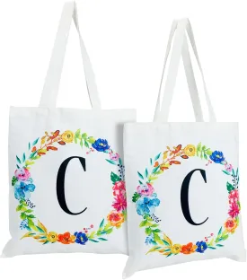 Set of 2 Reusable Monogram Letter Personalized Tote Bags for Women, Floral Design (29 Inches)