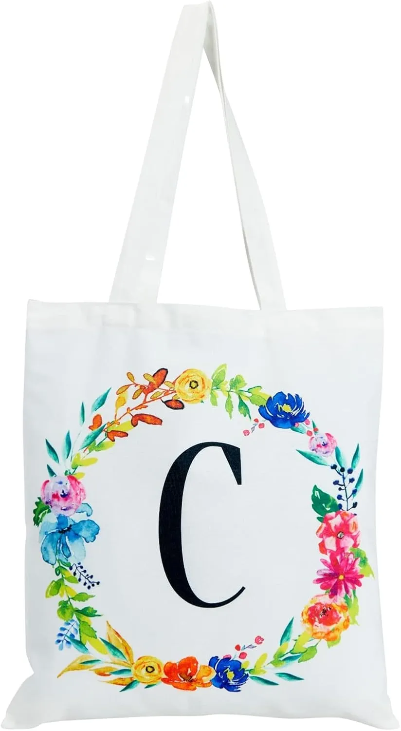Set of 2 Reusable Monogram Letter Personalized Tote Bags for Women, Floral Design (29 Inches)