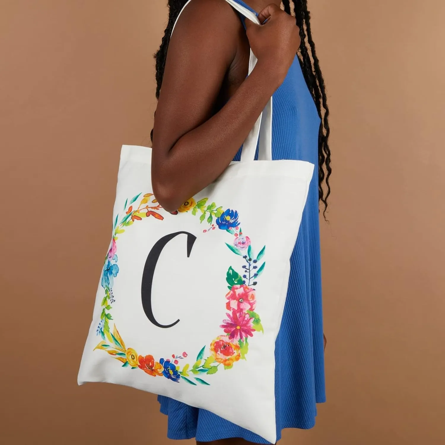 Set of 2 Reusable Monogram Letter Personalized Tote Bags for Women, Floral Design (29 Inches)