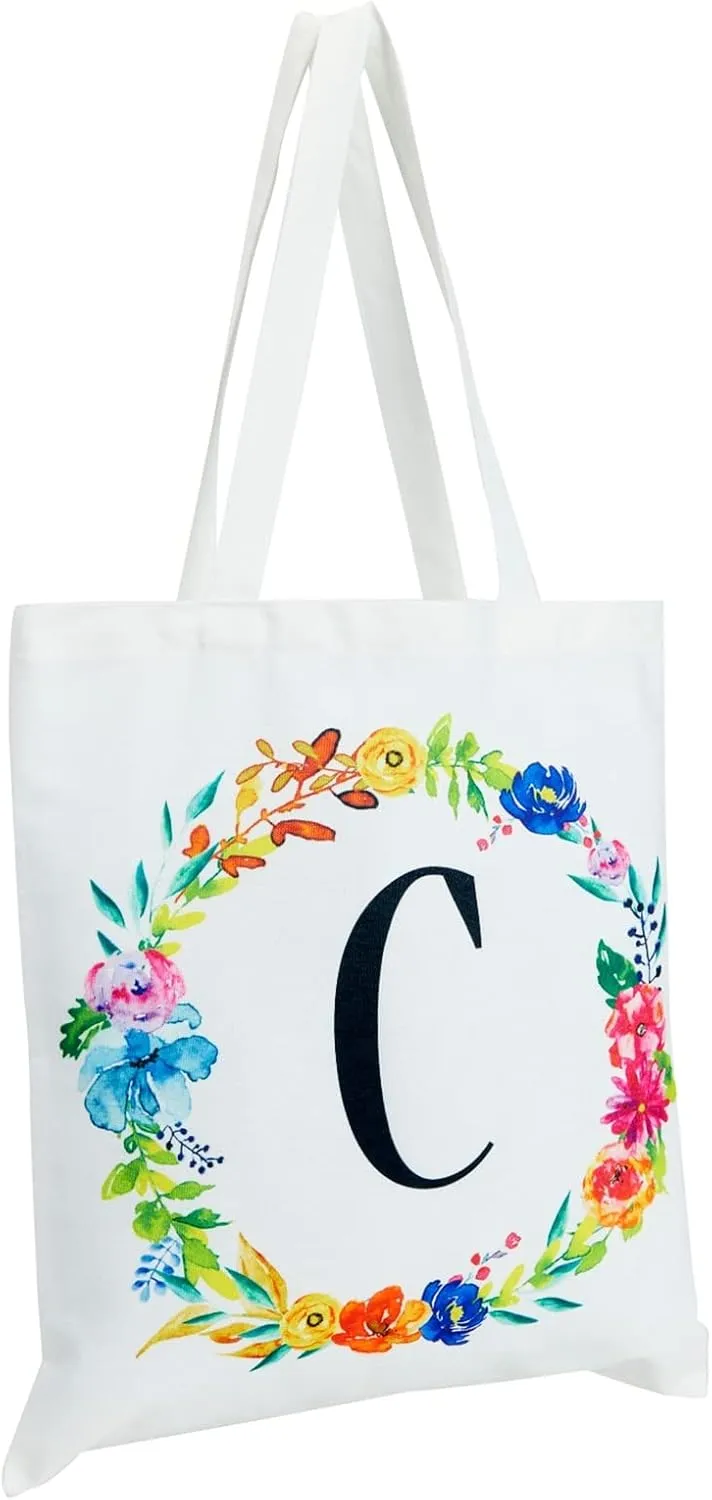 Set of 2 Reusable Monogram Letter Personalized Tote Bags for Women, Floral Design (29 Inches)