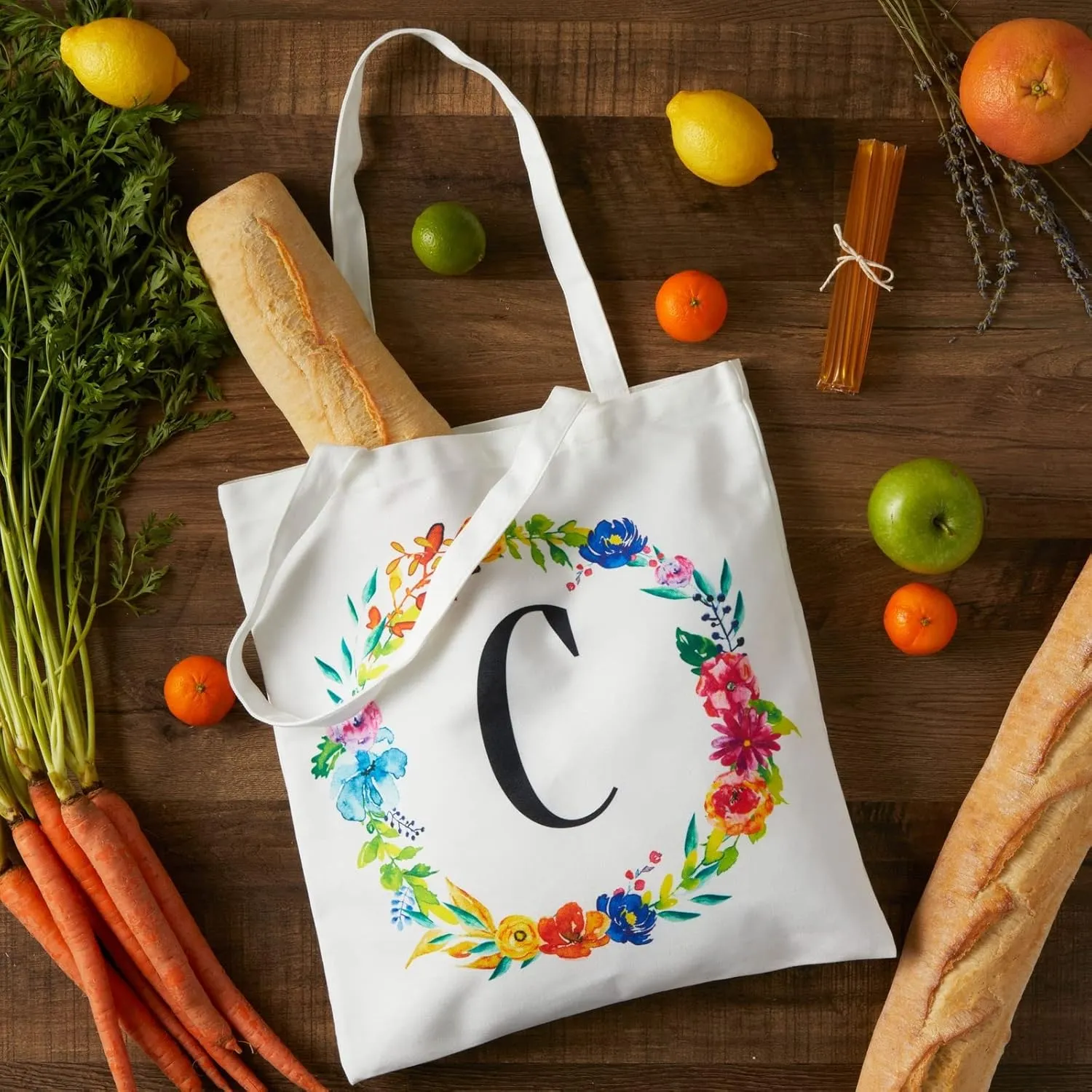 Set of 2 Reusable Monogram Letter Personalized Tote Bags for Women, Floral Design (29 Inches)