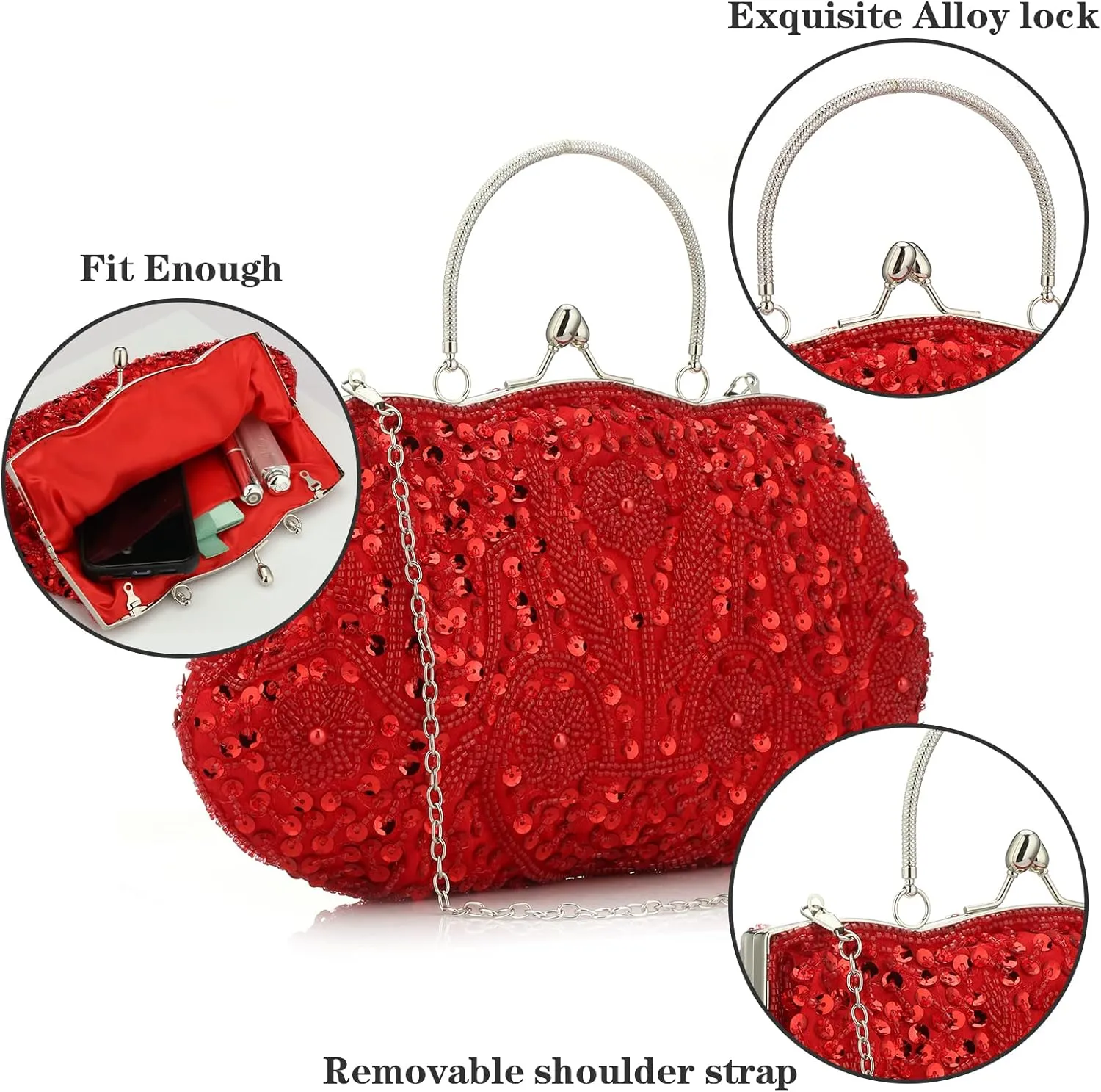 Simcat Beaded Sequin Flower Evening Purse Large Clutch Bag