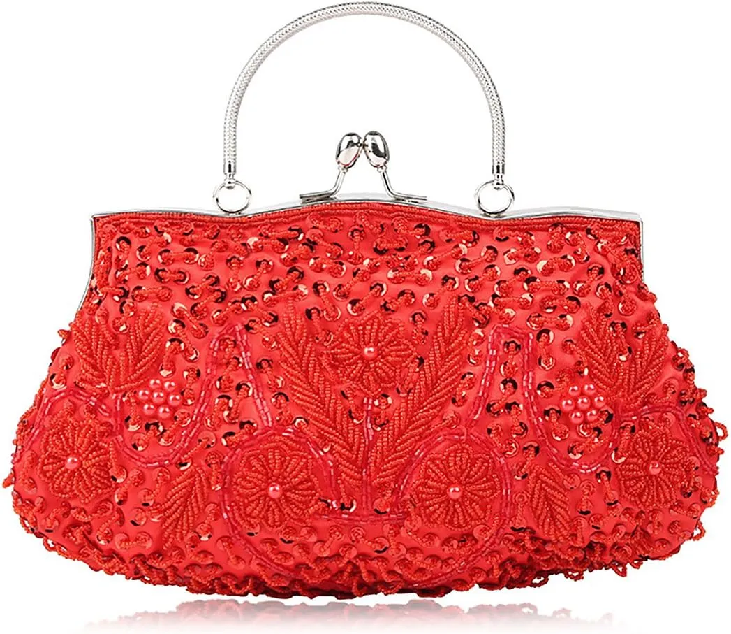 Simcat Beaded Sequin Flower Evening Purse Large Clutch Bag