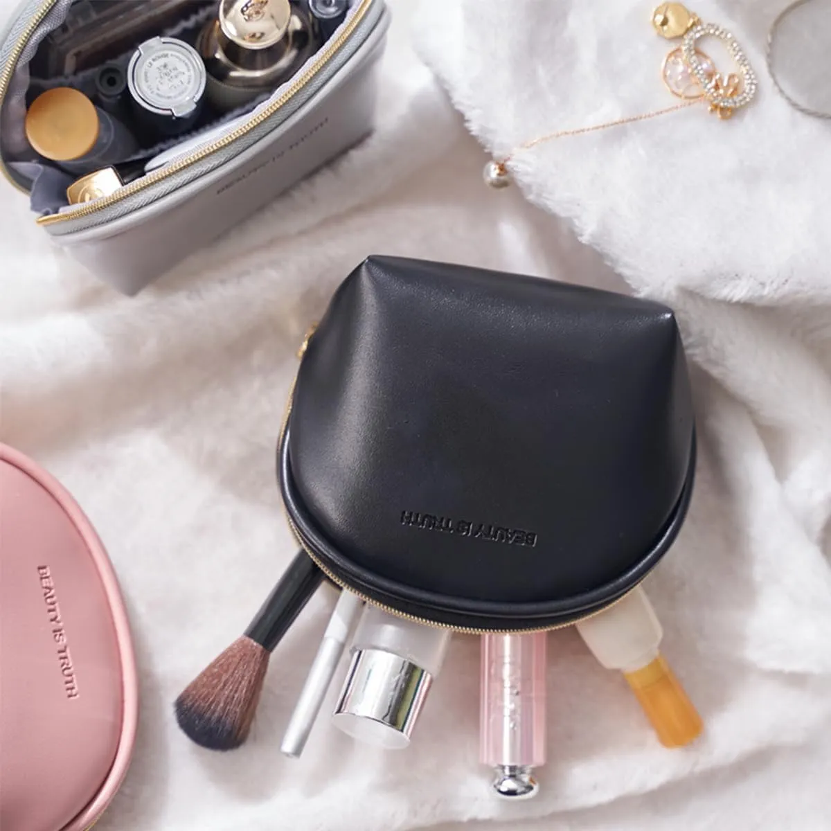Small Makeup Bag - Mini Leather Travel Makeup Bag Small Cosmetic Bag for Purse