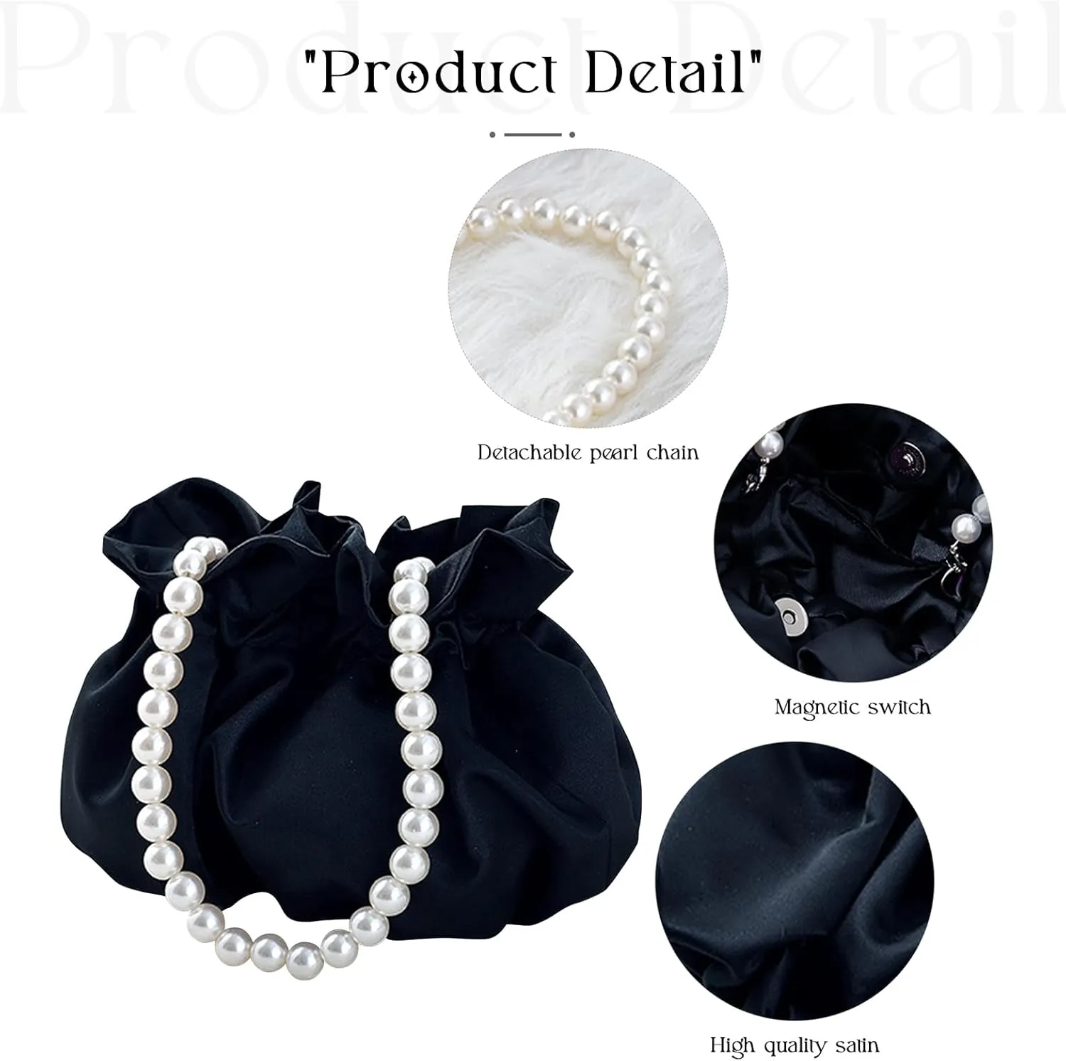 Small Wristlet Purses Mini Bucket Bag Women Hobo Bag with Faux Pearl Chain (Black)