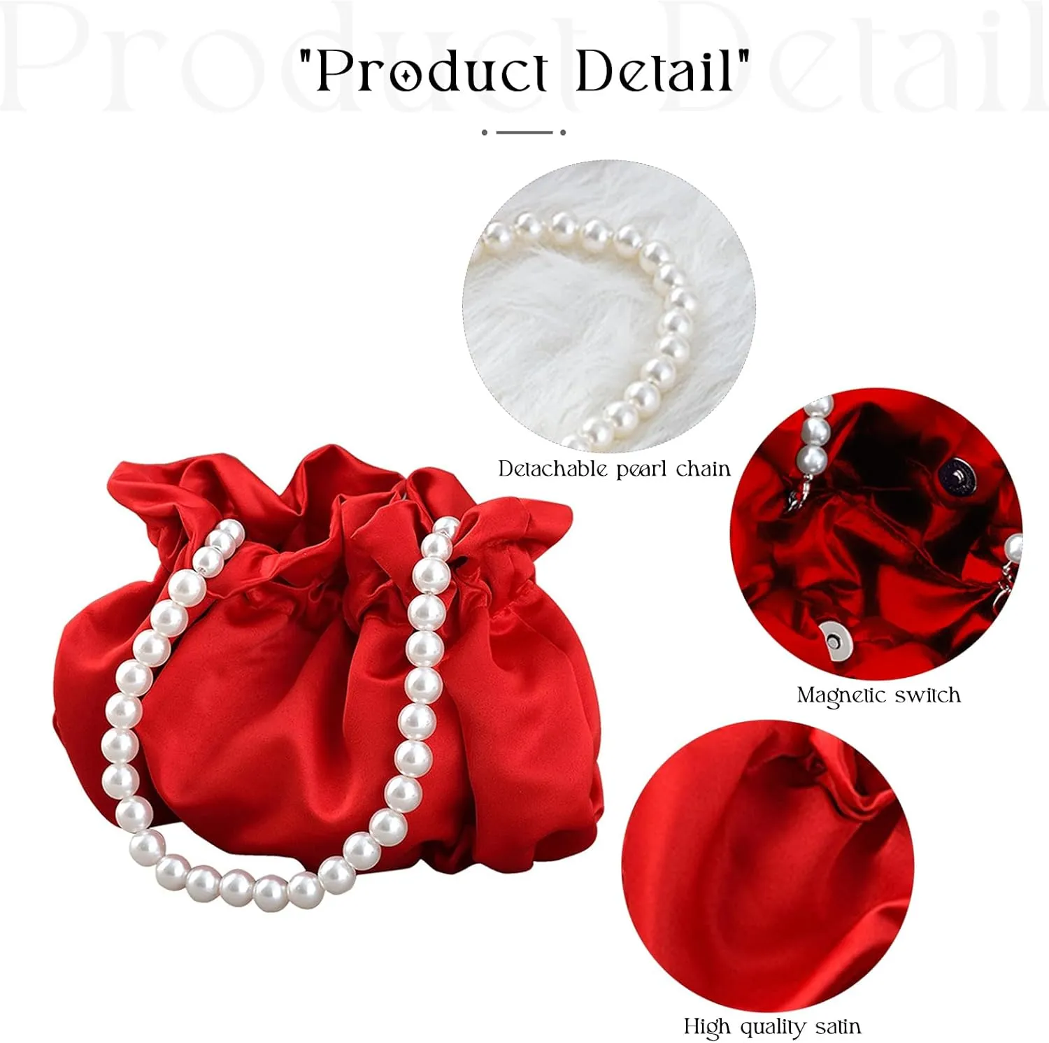 Small Wristlet Purses Mini Bucket Bag Women Hobo Bag with Faux Pearl Chain (Red)