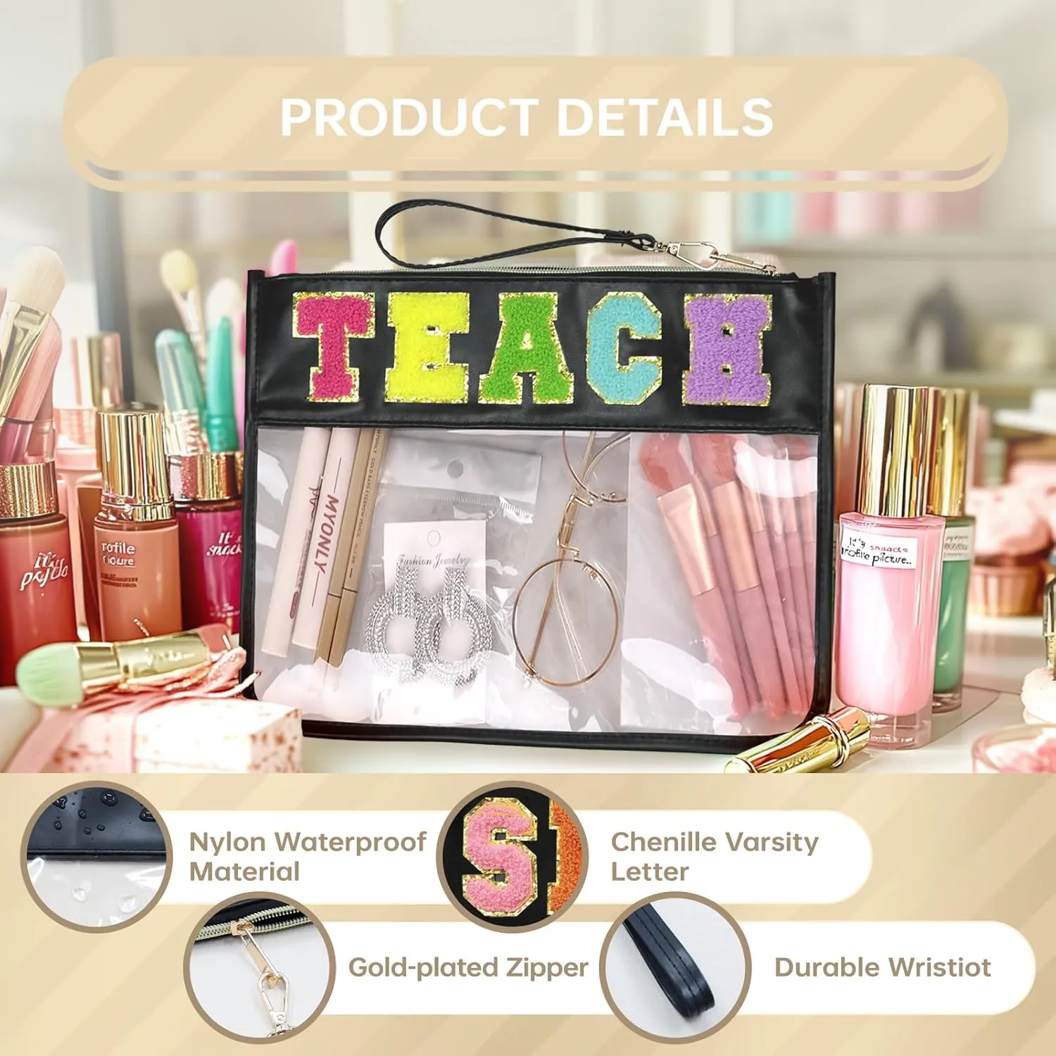 Snack Bags Pouch Travel Makeup Bag Chenille Letter Bags for Zipper Pouch Clear Cosmetic Bag Tote Bag Makeup Travel Bag for Women