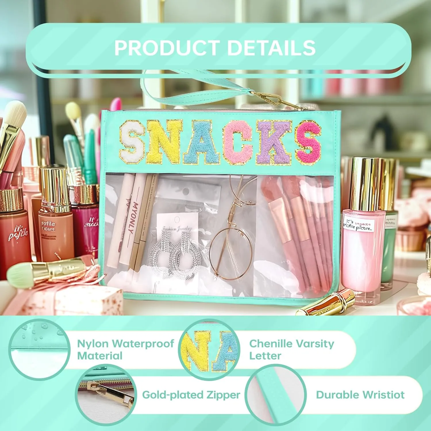 Snack Bags Pouch Travel Makeup Bag Chenille Letter Bags for Zipper Pouch Clear Cosmetic Bag Tote Bag Makeup Travel Bag for Women
