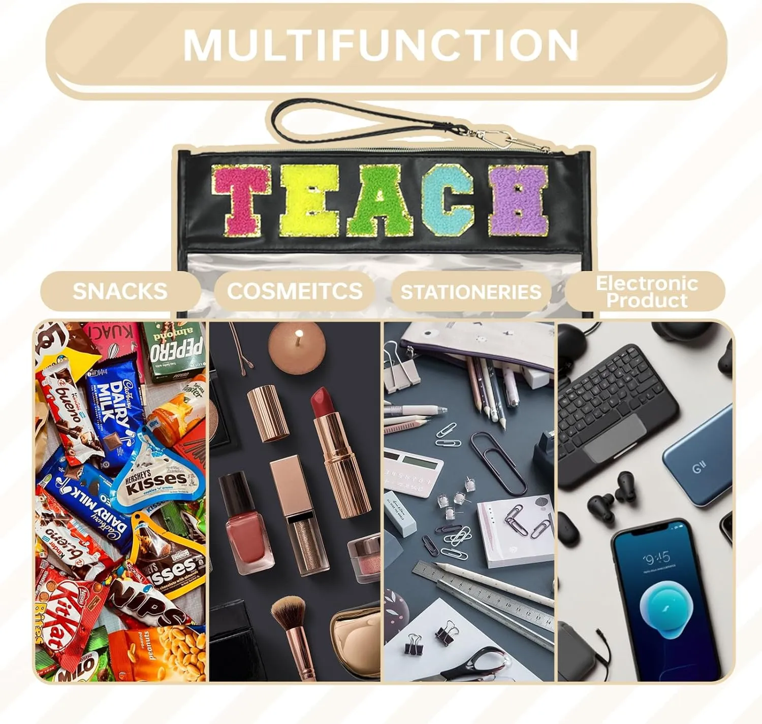 Snack Bags Pouch Travel Makeup Bag Chenille Letter Bags for Zipper Pouch Clear Cosmetic Bag Tote Bag Makeup Travel Bag for Women