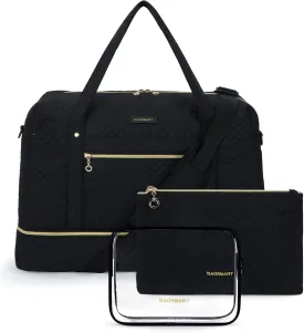 Travel Duffle Bag, BAGSMART 3 Pcs Set Weekender Overnight Bag for Women with Makeup Bag & Clear Toiletry Bag, Carry On Bag with Shoe Compartment for Travel, Business Trips(Black)