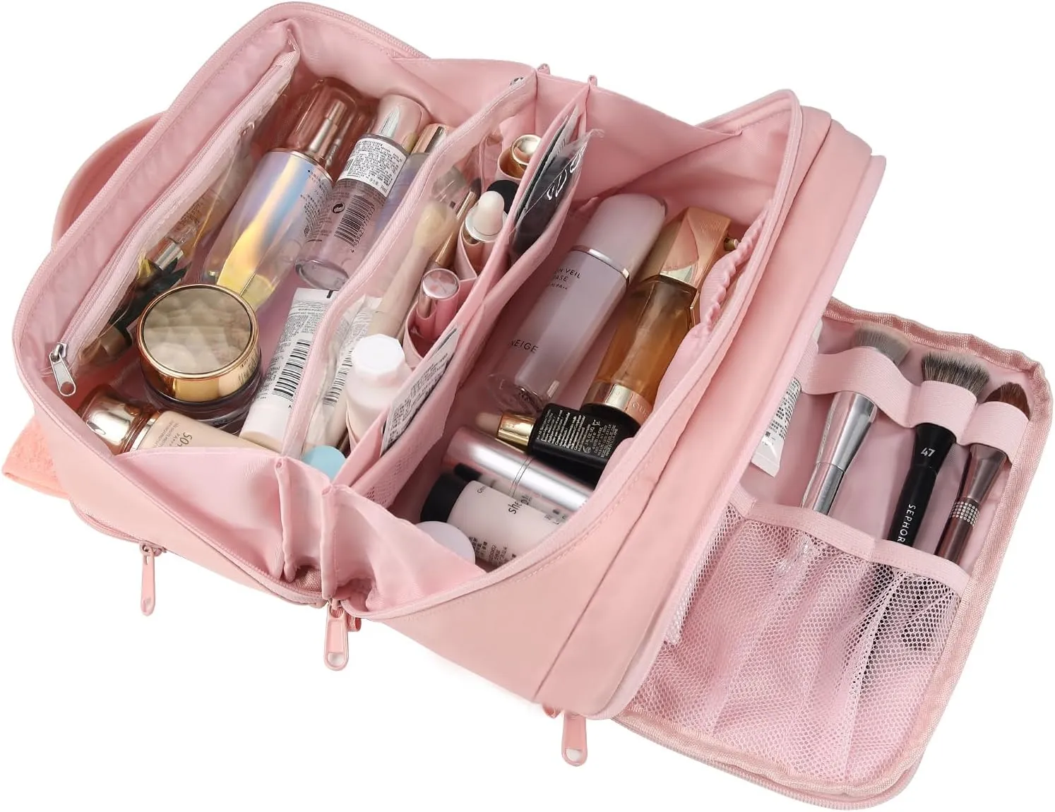 Travel Makeup Bag Organizer Cosmetic Bag for Women,Waterproof Toiletry Bag Quilted Makeup Travel Bag for traveling women,Large Make Up Bag with 3 Compartments,Flat-Opening,Pink (Patented)