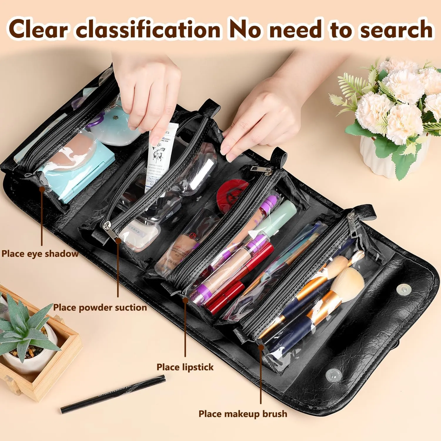 Travel Toiletry Makeup Bag PU Leather 4 Clear Detachable, Roll up Hanging Makeup Bag Leather, Multi Compartment Leather Waterproof Foldable Elegant Cosmetic Bag Detachable, Black