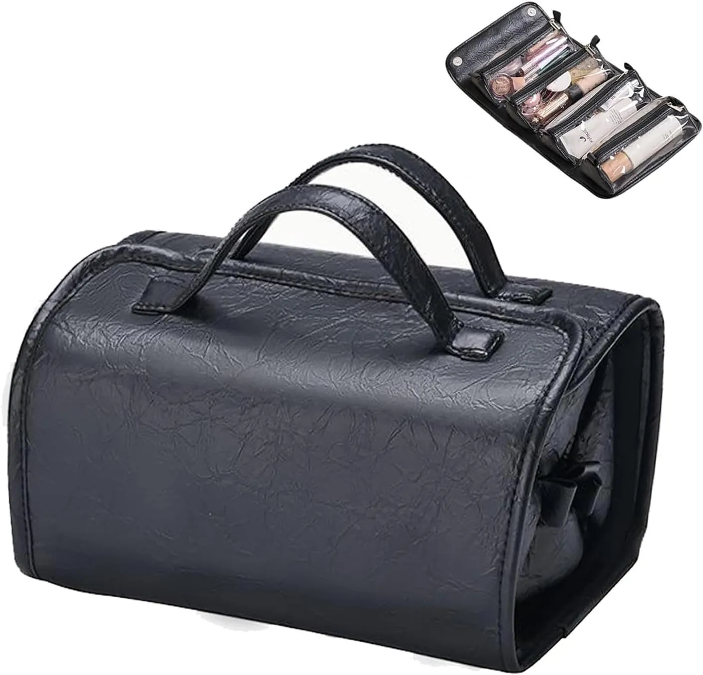 Travel Toiletry Makeup Bag PU Leather 4 Clear Detachable, Roll up Hanging Makeup Bag Leather, Multi Compartment Leather Waterproof Foldable Elegant Cosmetic Bag Detachable, Black