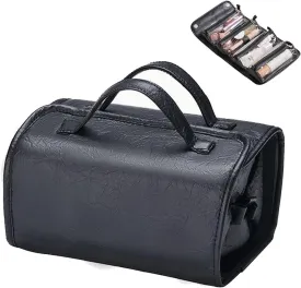 Travel Toiletry Makeup Bag PU Leather 4 Clear Detachable, Roll up Hanging Makeup Bag Leather, Multi Compartment Leather Waterproof Foldable Elegant Cosmetic Bag Detachable, Black