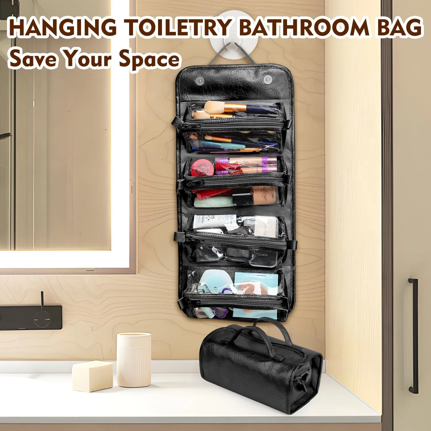 Travel Toiletry Makeup Bag PU Leather 4 Clear Detachable, Roll up Hanging Makeup Bag Leather, Multi Compartment Leather Waterproof Foldable Elegant Cosmetic Bag Detachable, Black