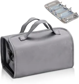 Travel Toiletry Makeup Bag PU Leather 4 Clear Detachable, Roll up Hanging Makeup Bag Leather, Multi Compartment Leather Waterproof Foldable Elegant Cosmetic Bag Detachable, Gray