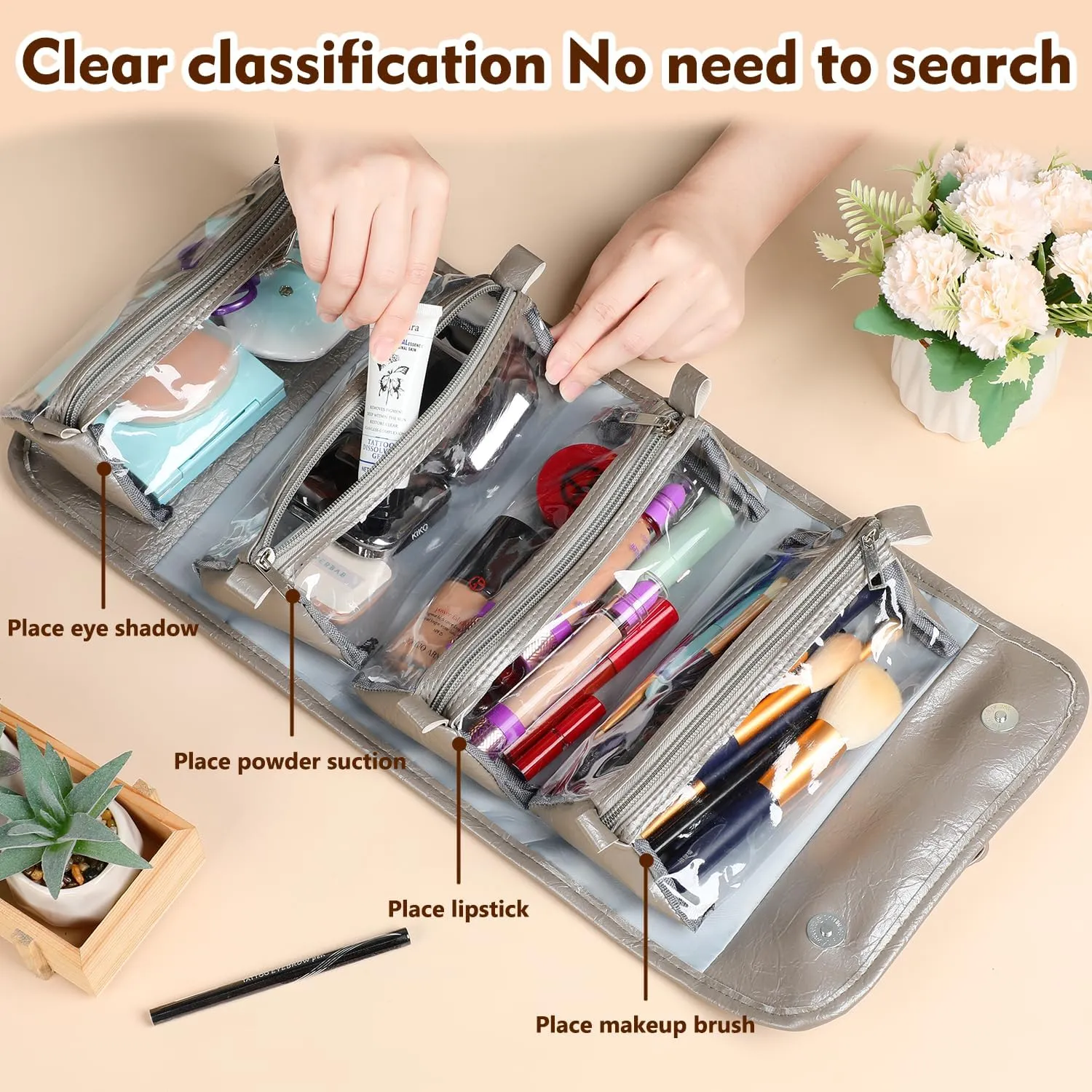 Travel Toiletry Makeup Bag PU Leather 4 Clear Detachable, Roll up Hanging Makeup Bag Leather, Multi Compartment Leather Waterproof Foldable Elegant Cosmetic Bag Detachable, Gray