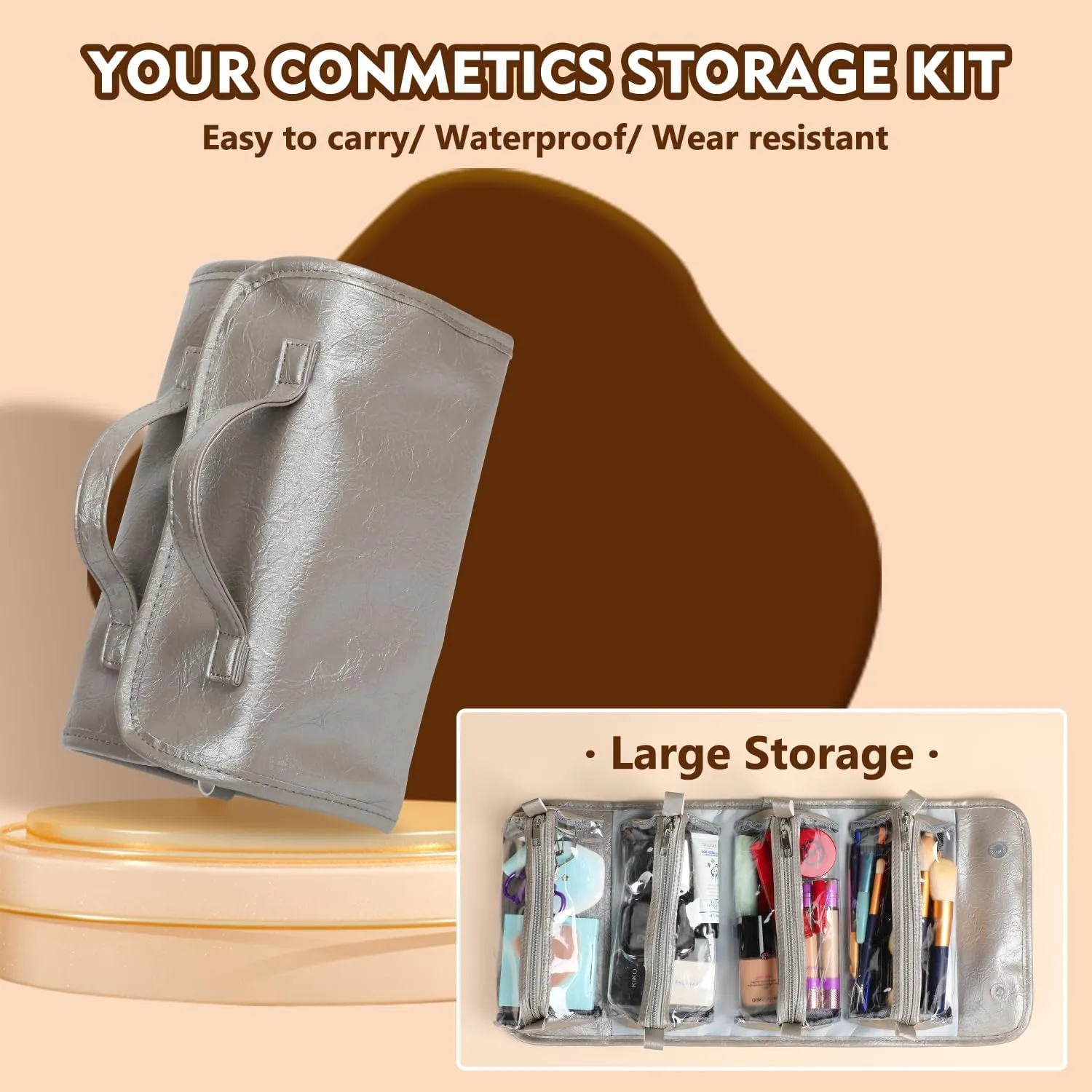 Travel Toiletry Makeup Bag PU Leather 4 Clear Detachable, Roll up Hanging Makeup Bag Leather, Multi Compartment Leather Waterproof Foldable Elegant Cosmetic Bag Detachable, Gray