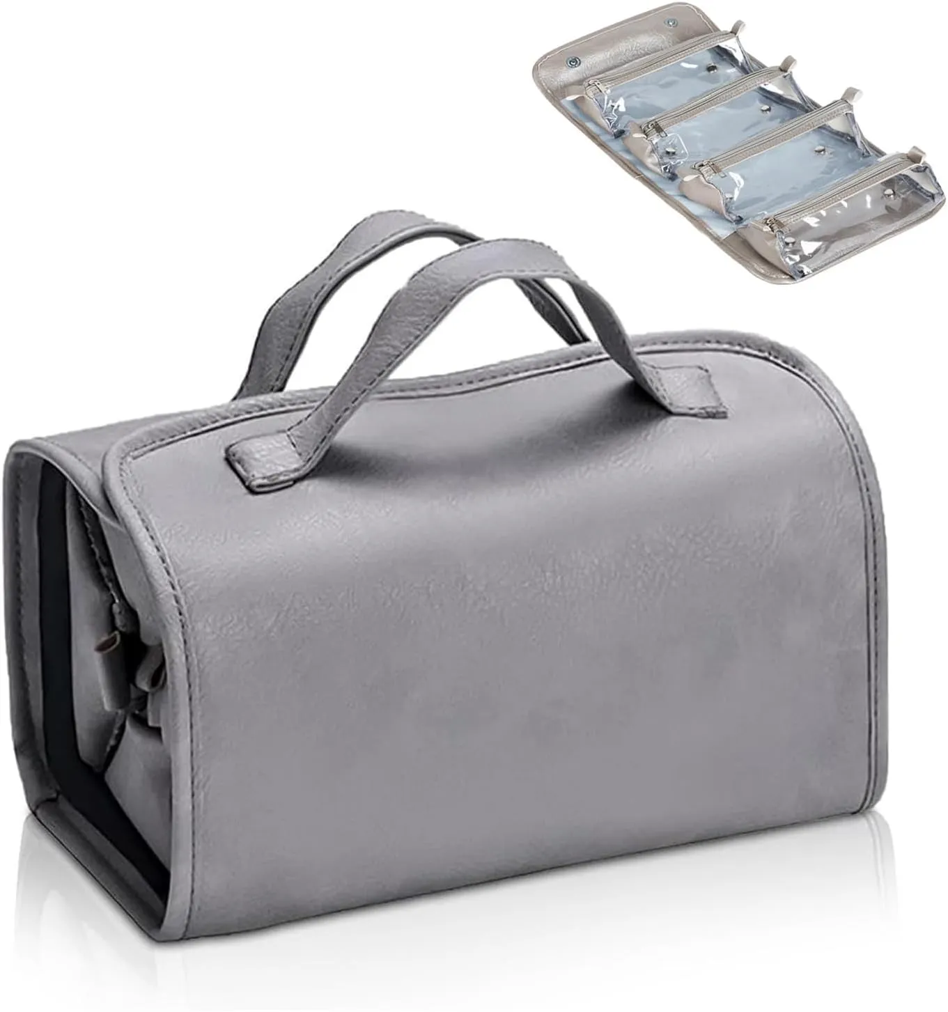 Travel Toiletry Makeup Bag PU Leather 4 Clear Detachable, Roll up Hanging Makeup Bag Leather, Multi Compartment Leather Waterproof Foldable Elegant Cosmetic Bag Detachable, Gray