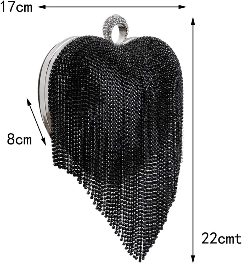 UMREN Women Luxury Heart Shape Tassel Evening Clutch Bag Rhinestones Wedding Party Purse Handbag