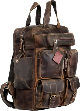 Vintage Buffalo Leather Backpack Multi Pockets Travel Bag for Men/Women