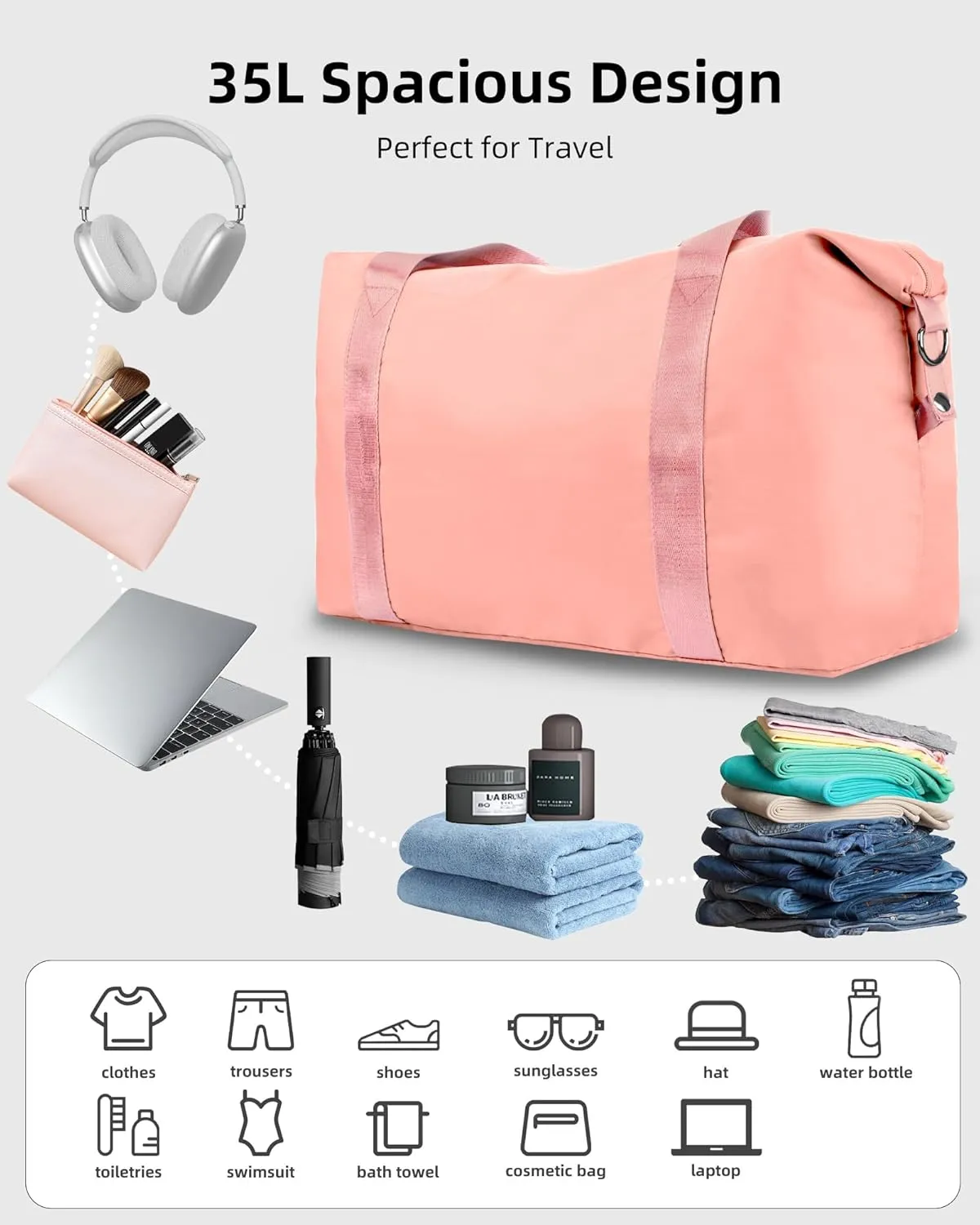 WALNEW Travel Duffle Bag for Women - Water-resistant Duffle Bag with Wet Pocket, Carry On Personal Item Travel Bag, Weekender Overnight Bag, Hospital Bag for Women Labor Delivery, Pink