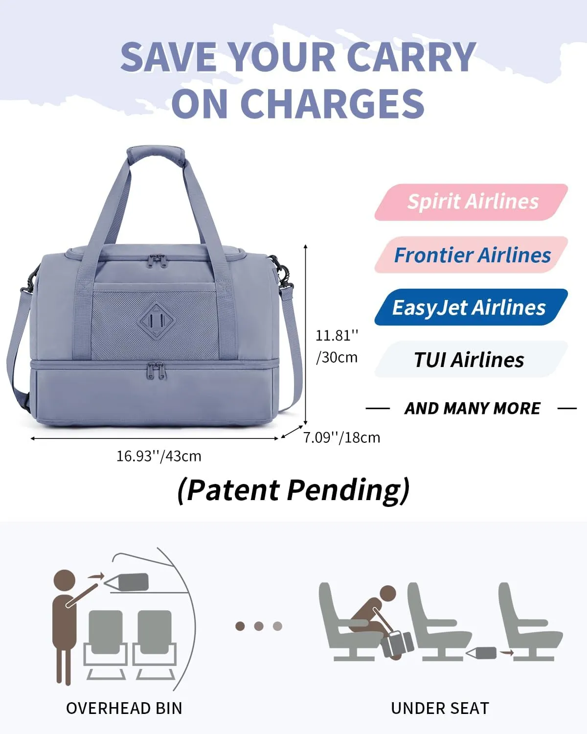 WANDF For Spirit Airlines 18x14x8 Personal Item Bag with USB Charging Port, Travel Duffel Bag with Wet Pocket & Shoe Compartment, Weekender Carry On Luggage for Women Men (Grey)