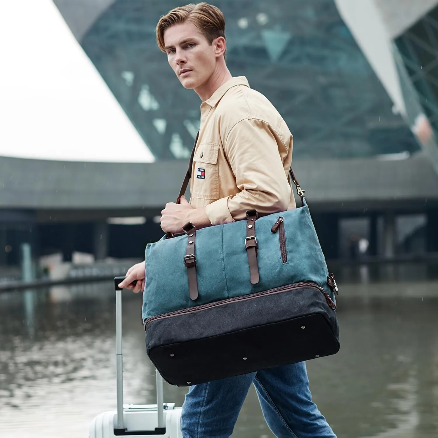 Weekender Bag Large Overnight Bag for Men Women with Shoe Compartment Canvas Carry on Luggage Bag Travel Duffel Bag Dark Green