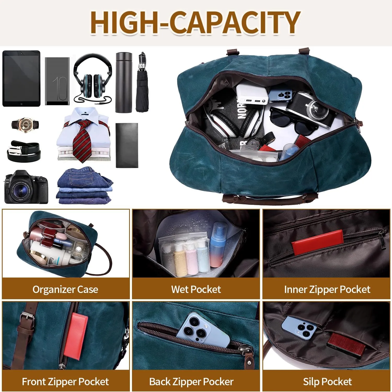 Weekender Bag Large Overnight Bag for Men Women with Shoe Compartment Canvas Carry on Luggage Bag Travel Duffel Bag Dark Green