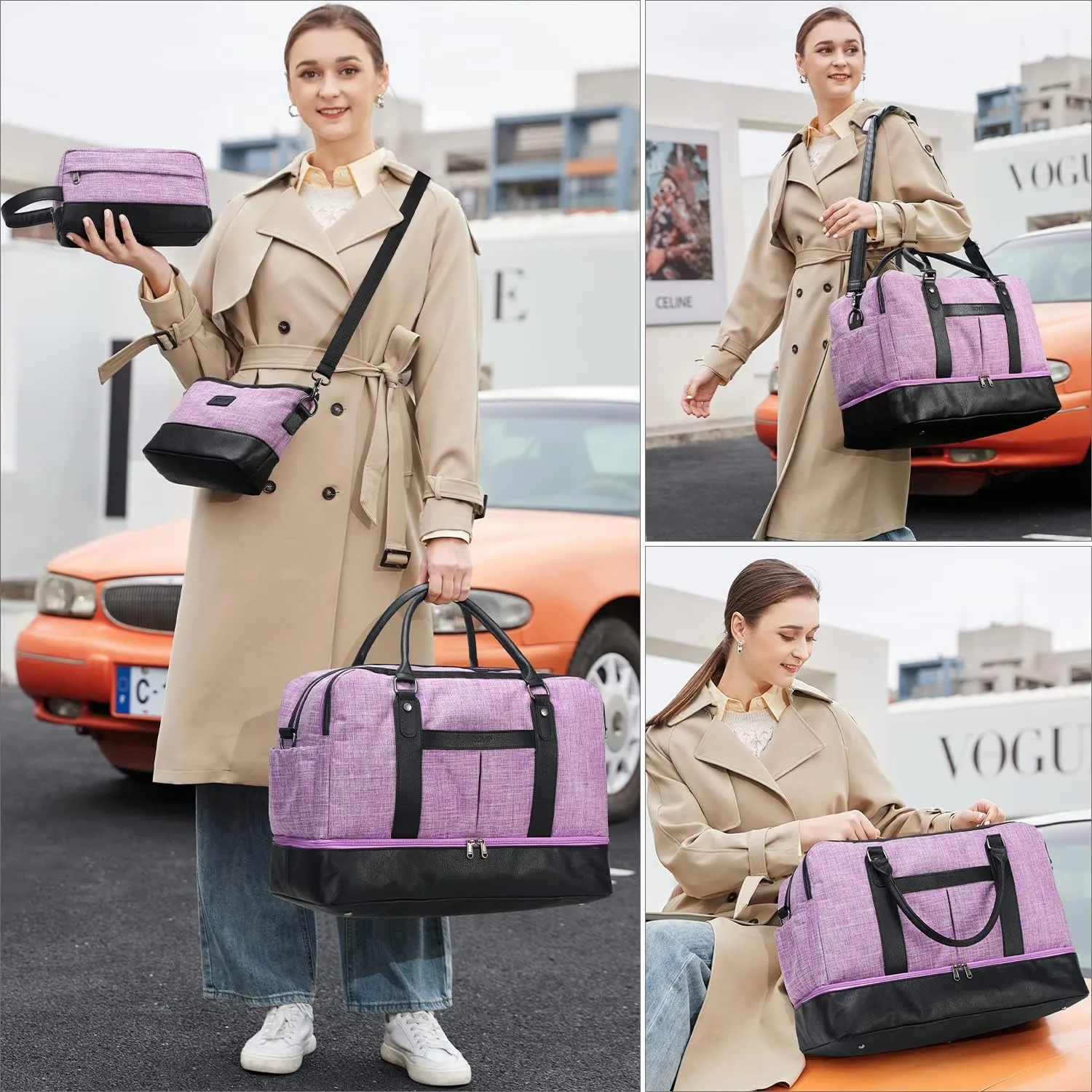 Weekender Bags for Women Overnight Bag Large Canvas Travel Duffel Bag with Shoe Compartment Carry On Tote Bag 3Pcs Set