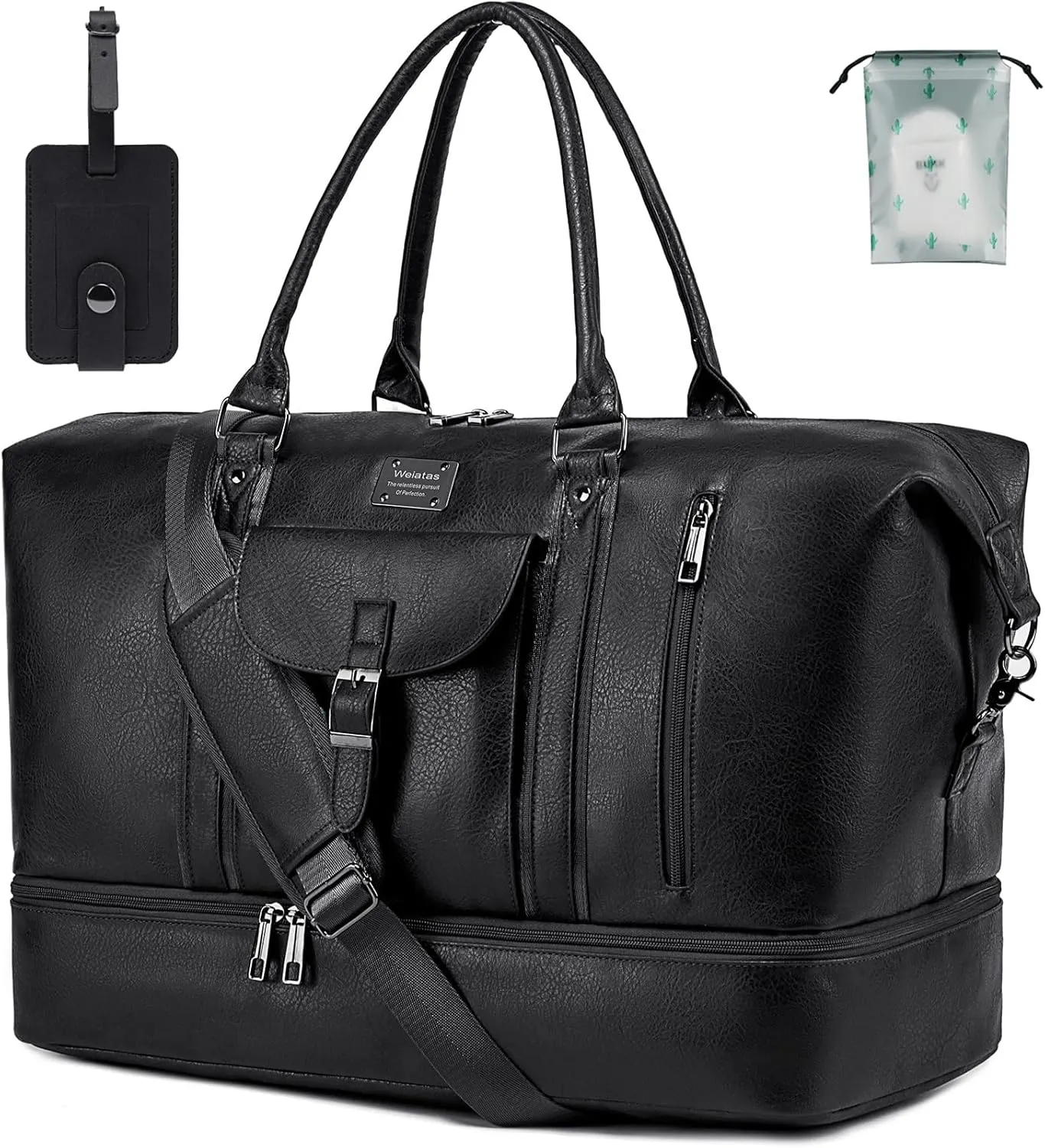 weiatas Leather Travel Duffel Bag for Women Men, Large Weekender Overnight Bag with Shoes Compartment, Waterproof Carry On Bag Travel Tote Bag Gym Bag with Luggage Strap (Black)