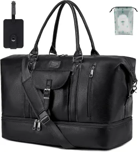 weiatas Leather Travel Duffel Bag for Women Men, Large Weekender Overnight Bag with Shoes Compartment, Waterproof Carry On Bag Travel Tote Bag Gym Bag with Luggage Strap (Black)