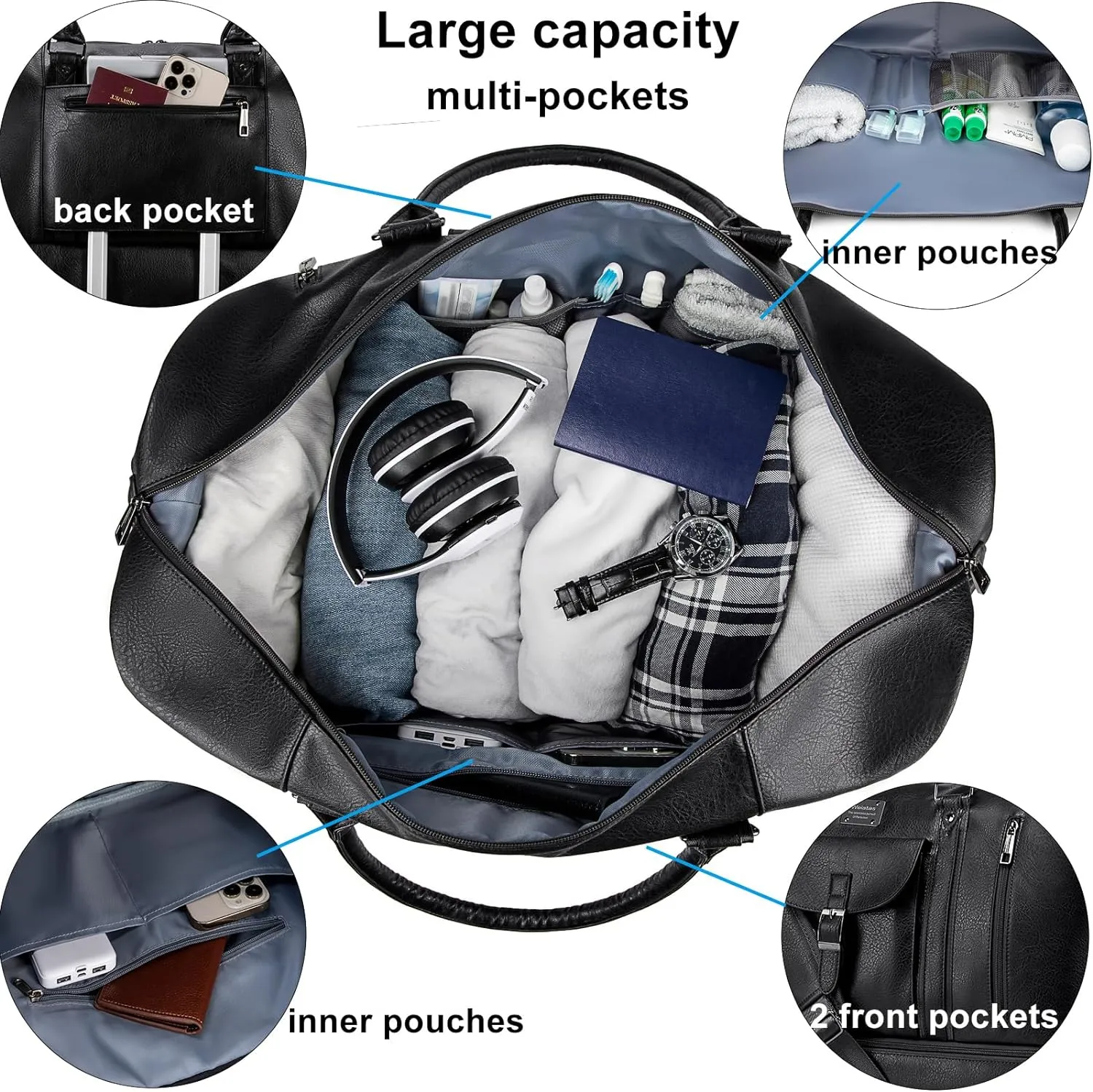 weiatas Leather Travel Duffel Bag for Women Men, Large Weekender Overnight Bag with Shoes Compartment, Waterproof Carry On Bag Travel Tote Bag Gym Bag with Luggage Strap (Black)