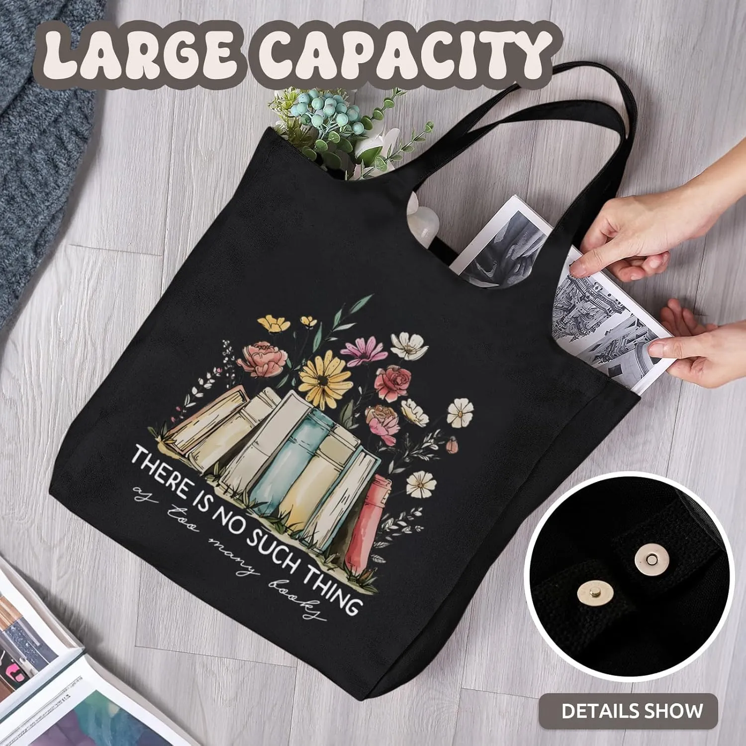 Women Canvas Tote Bag For Book Lovers Gifts for Readers Flower Cute Aesthetic Shopping Grocery Reusable Tote Bags