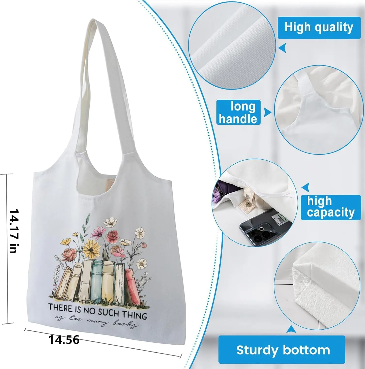 Women Canvas Tote Bag For Book Lovers Gifts for Readers Flower Cute Aesthetic Shopping Grocery Reusable Tote Bags