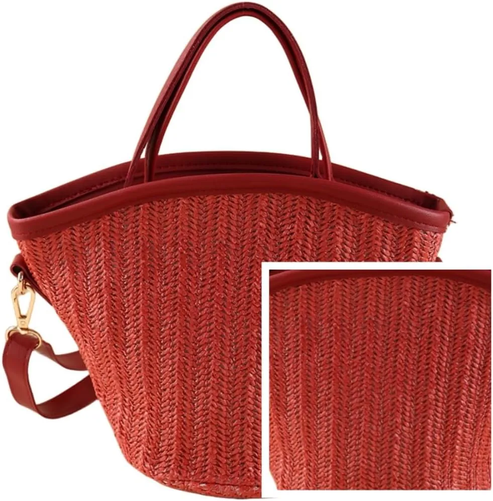 Women Straw Drawstring Bucket Purse Small Tote Shoulder Handbag Hollow Out Cross-body Bag for Summer,Beach