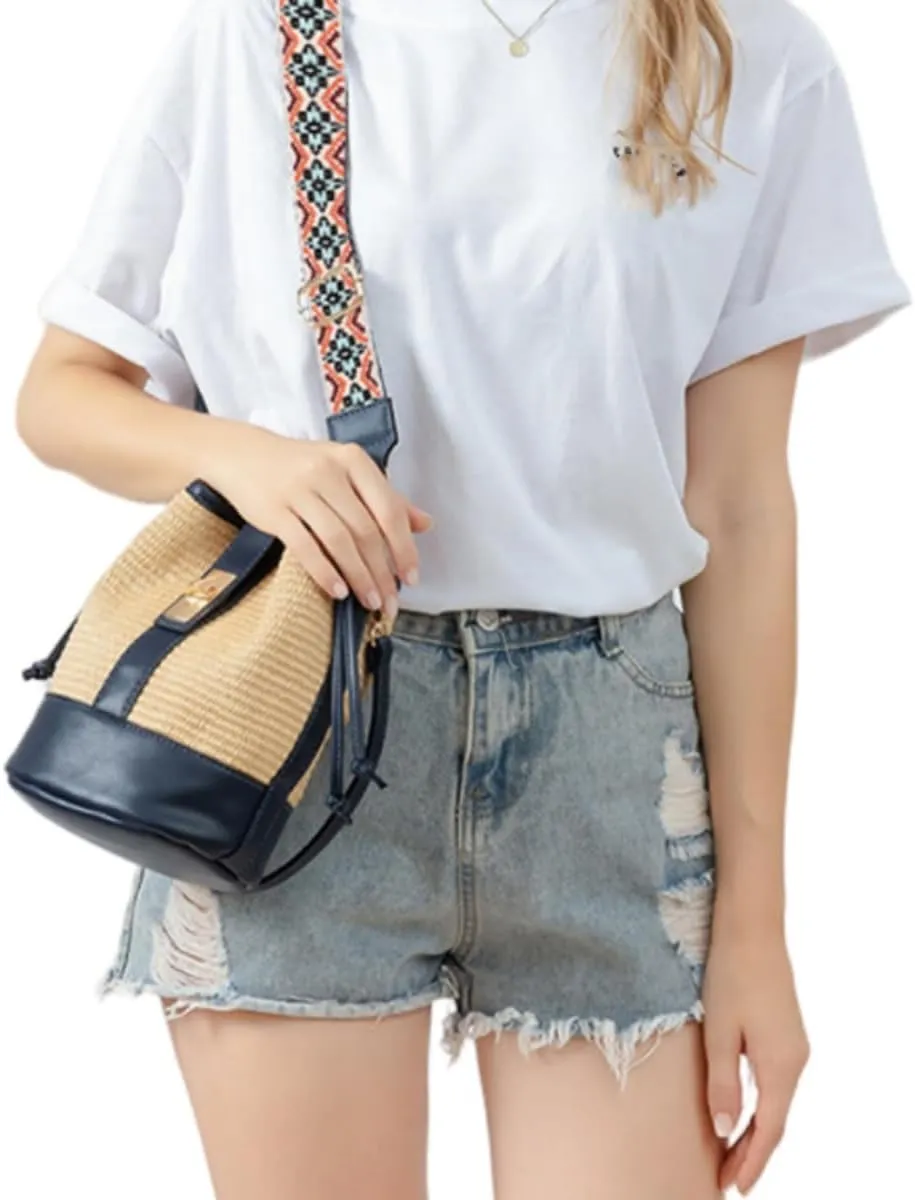 Women Straw Drawstring Bucket Purse Small Tote Shoulder Handbag Hollow Out Cross-body Bag for Summer,Beach