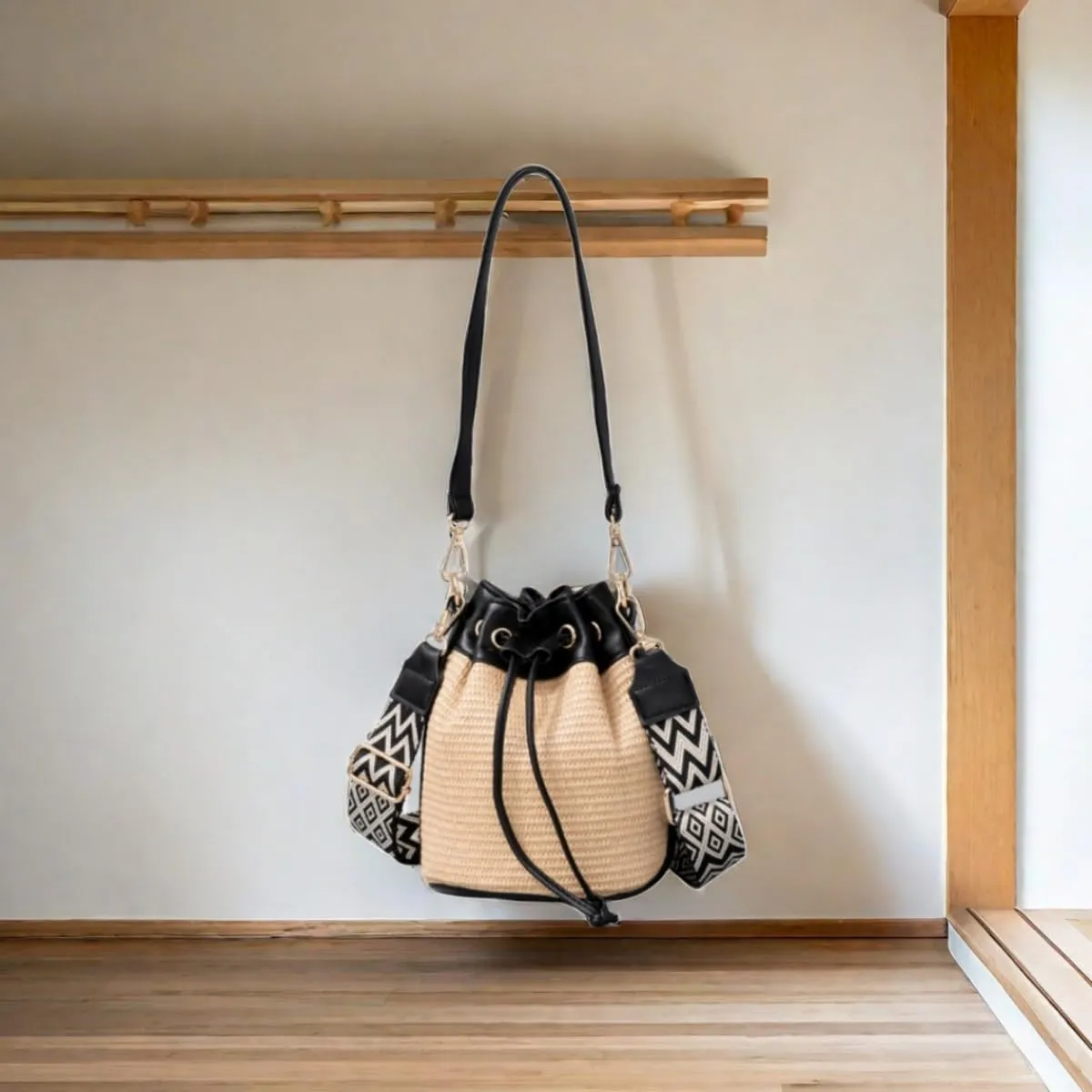 Women Straw Drawstring Bucket Purse Small Tote Shoulder Handbag Hollow Out Cross-body Bag for Summer,Beach