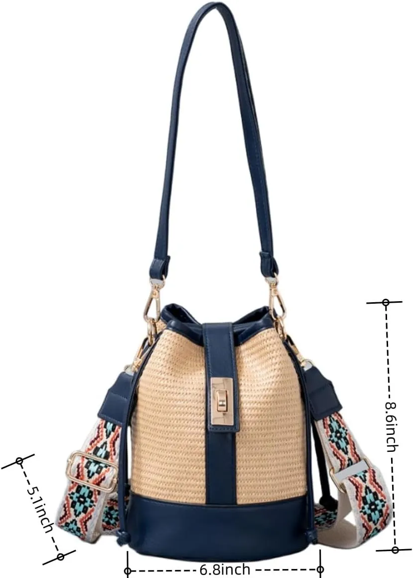 Women Straw Drawstring Bucket Purse Small Tote Shoulder Handbag Hollow Out Cross-body Bag for Summer,Beach