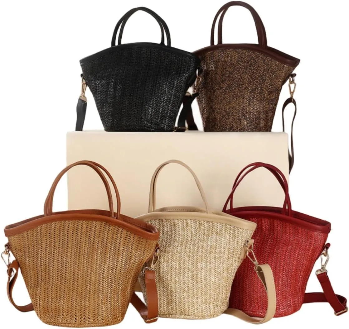 Women Straw Drawstring Bucket Purse Small Tote Shoulder Handbag Hollow Out Cross-body Bag for Summer,Beach